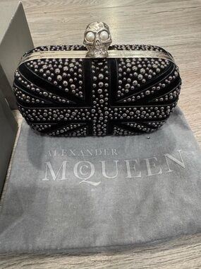 Alexander McQueen Black Suede Studded Britannia Skull Box Clutch